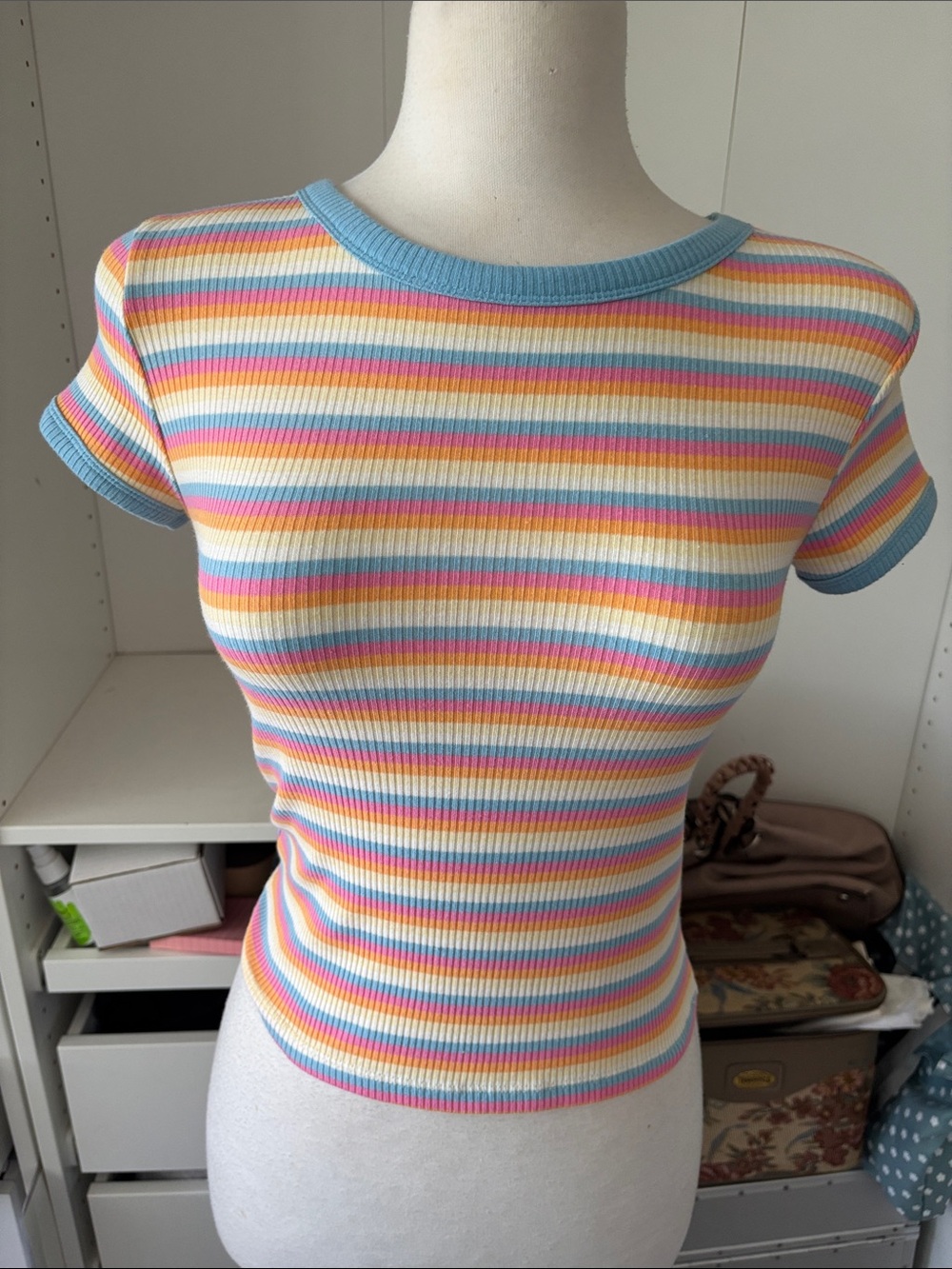 Old Navy Pastel Striped Ribbed Short Sleeve Tee - Blue, Pink, Yellow